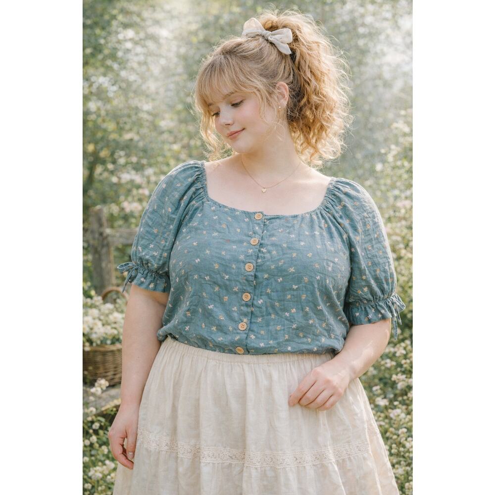 LC Lauren Conrad Teal Floral Puff Sleeve Button Front Top - Picture 1 of 8